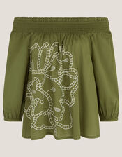Julie Embroidered Bardot Top, Green (KHAKI), large