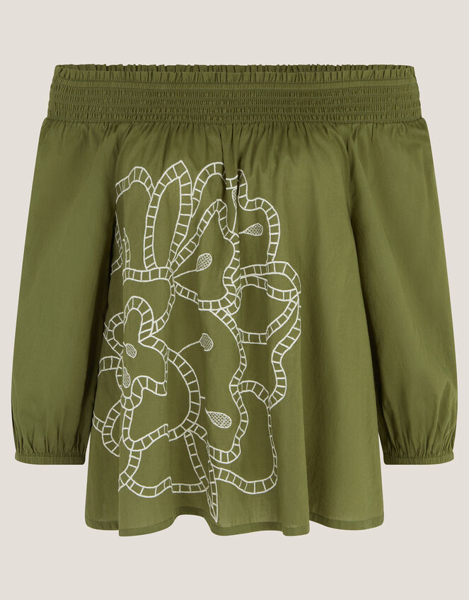 Julie Embroidered Bardot Top, Green (KHAKI), large