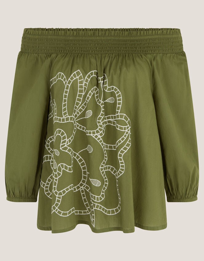 Julie Embroidered Bardot Top, Green (KHAKI), large