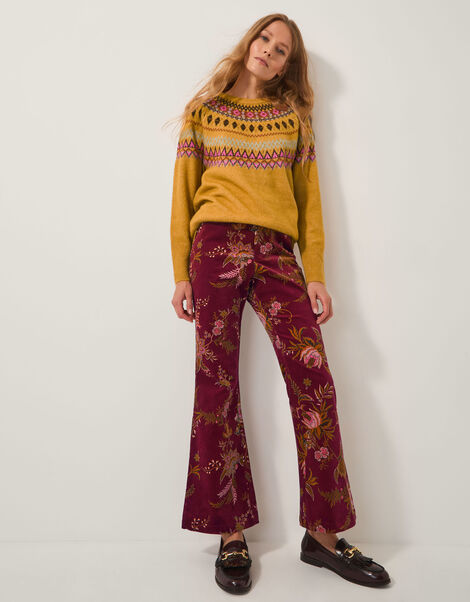 Yasmina Floral Corduroy Flare Trousers, Red (CHERRY), large