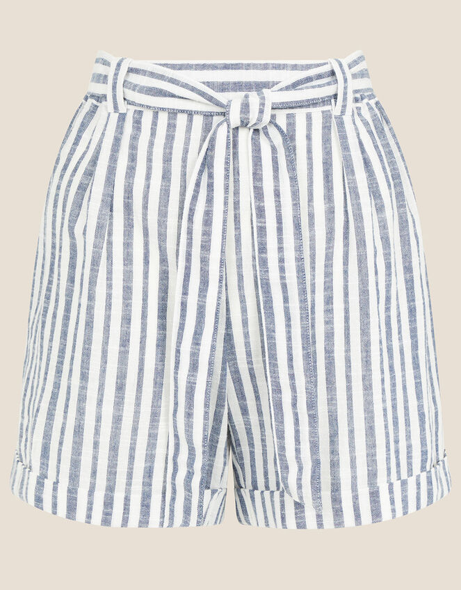 Stripe Print Belted Shorts, Blue (NAVY), large