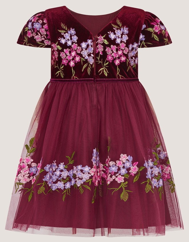 Baby Ruby Floral Embroidered Velvet Party Dress, Red (BURGUNDY), large