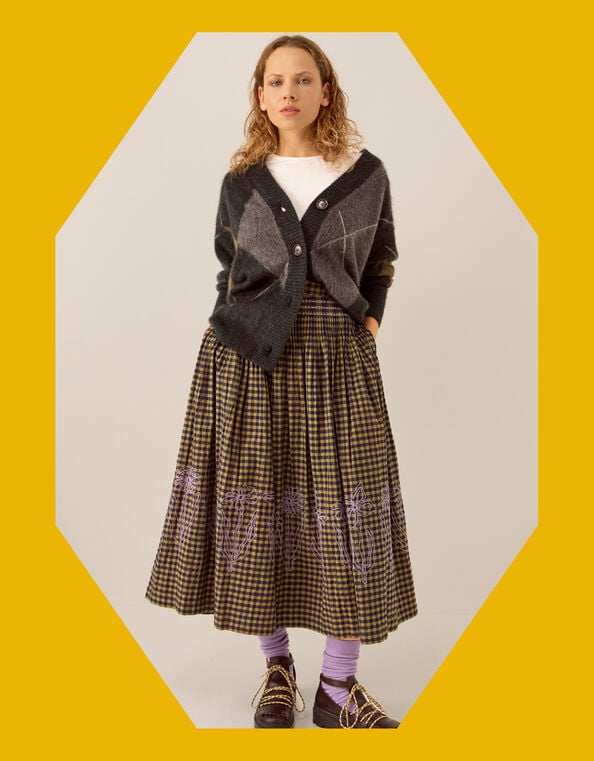 East Dilly Embroidered Gingham Print Midi Skirt, Multi (MULTI), large