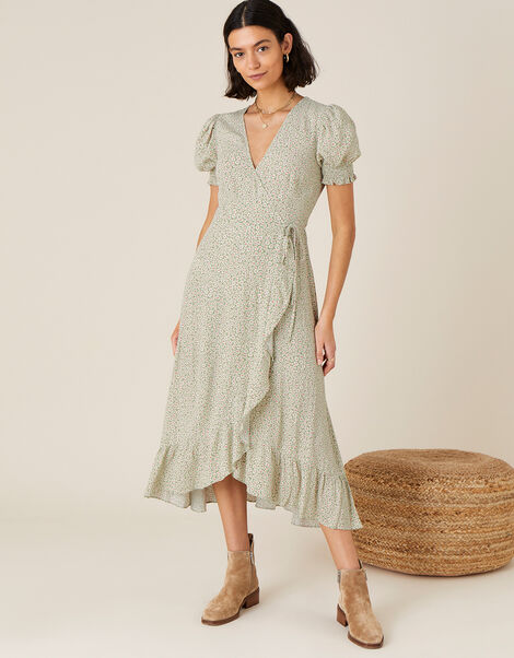 Ditsy Daisy Print Wrap Dress Green, Green (GREEN), large