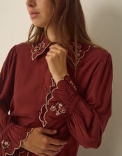 Holly Floral Embroidered Scallop Shirt, Red (BURGUNDY), large