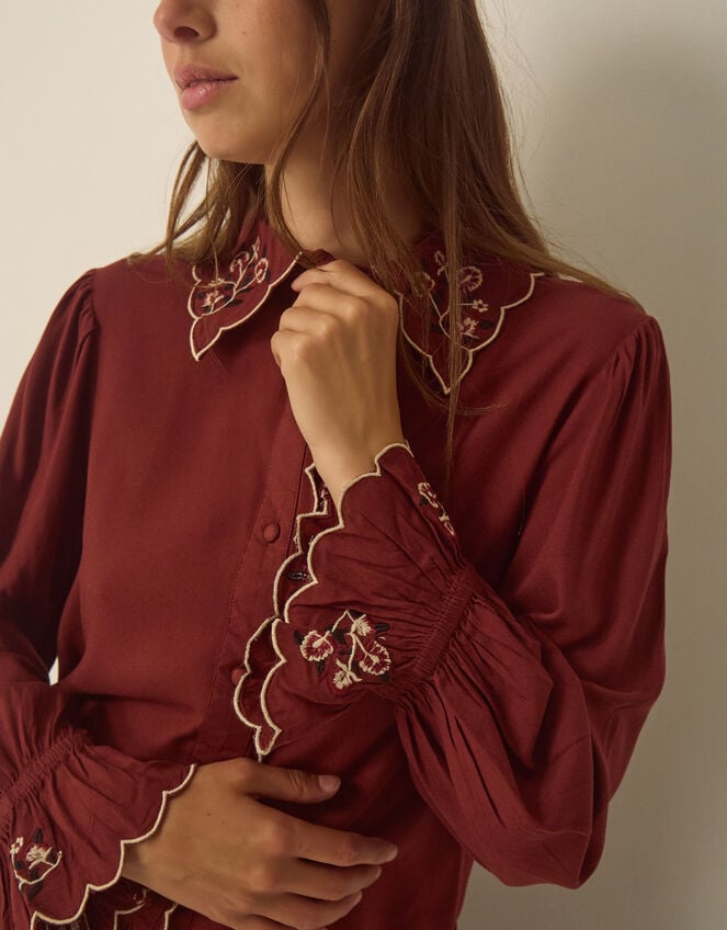 Holly Floral Embroidered Scallop Shirt, Red (BURGUNDY), large