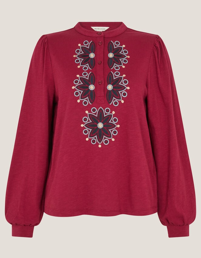 Esme Embroidered Jersey Blouse, Red (BURGUNDY), large