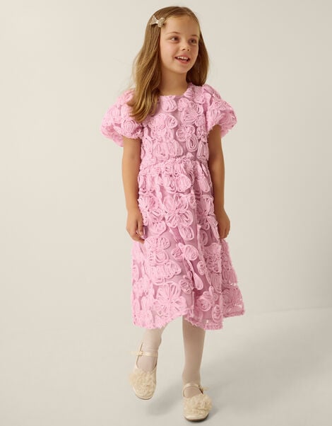 Short Sleeve Textured Floral Dress, Pink (PINK), large
