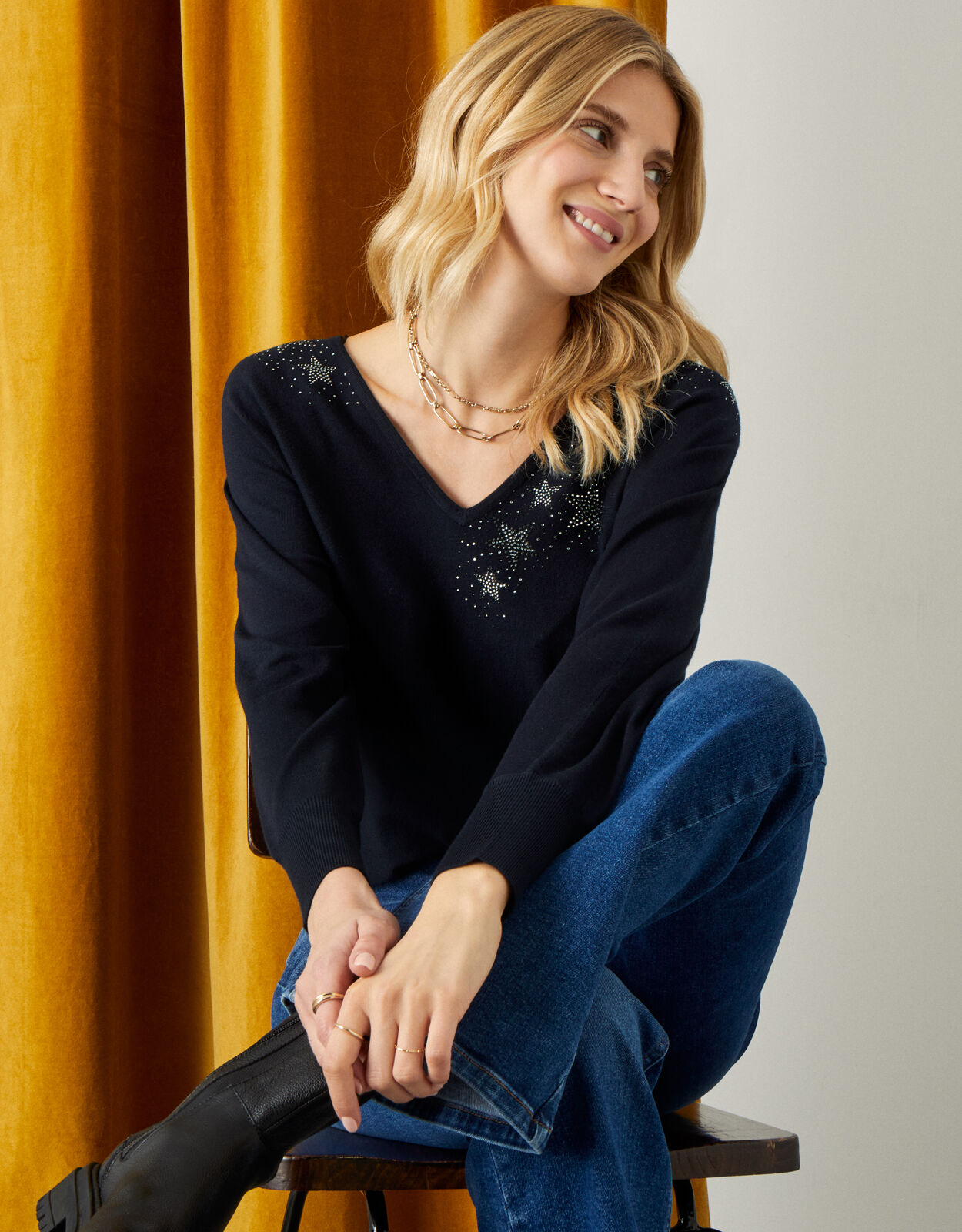 Heat Seal Star V Neck Jumper Blue Jumpers Monsoon Global