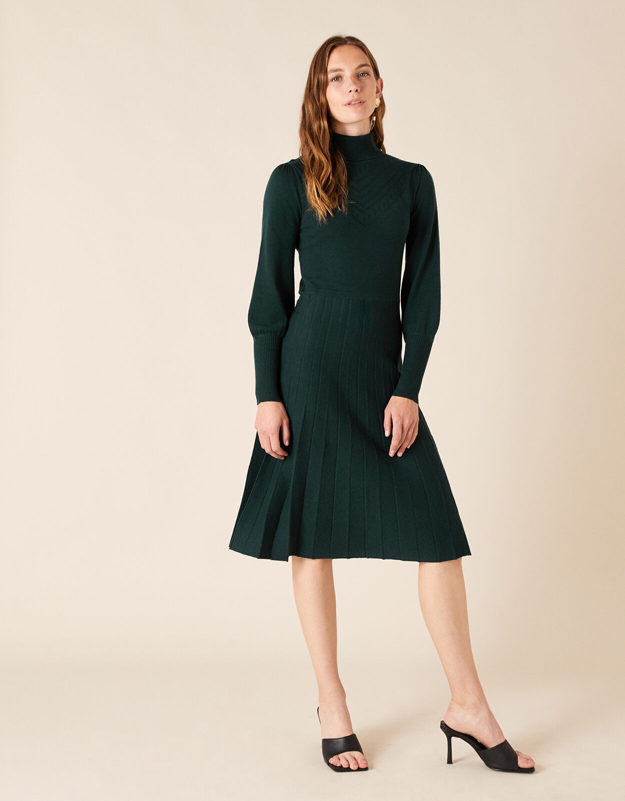 Pointelle Yoke Knit Dress with Recycled Fabric Green Day Dresses Monsoon Global
