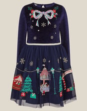 Christmas Market Scene Velvet Disco Dress, Blue (NAVY), large