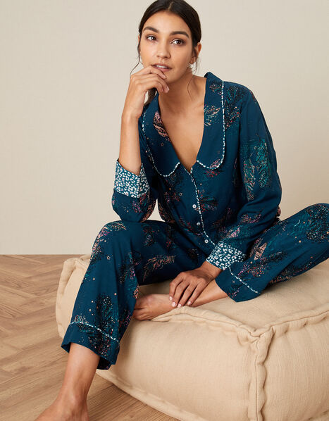 Feather Print Pyjama Set in Sustainable Viscose Teal, Teal (TEAL), large
