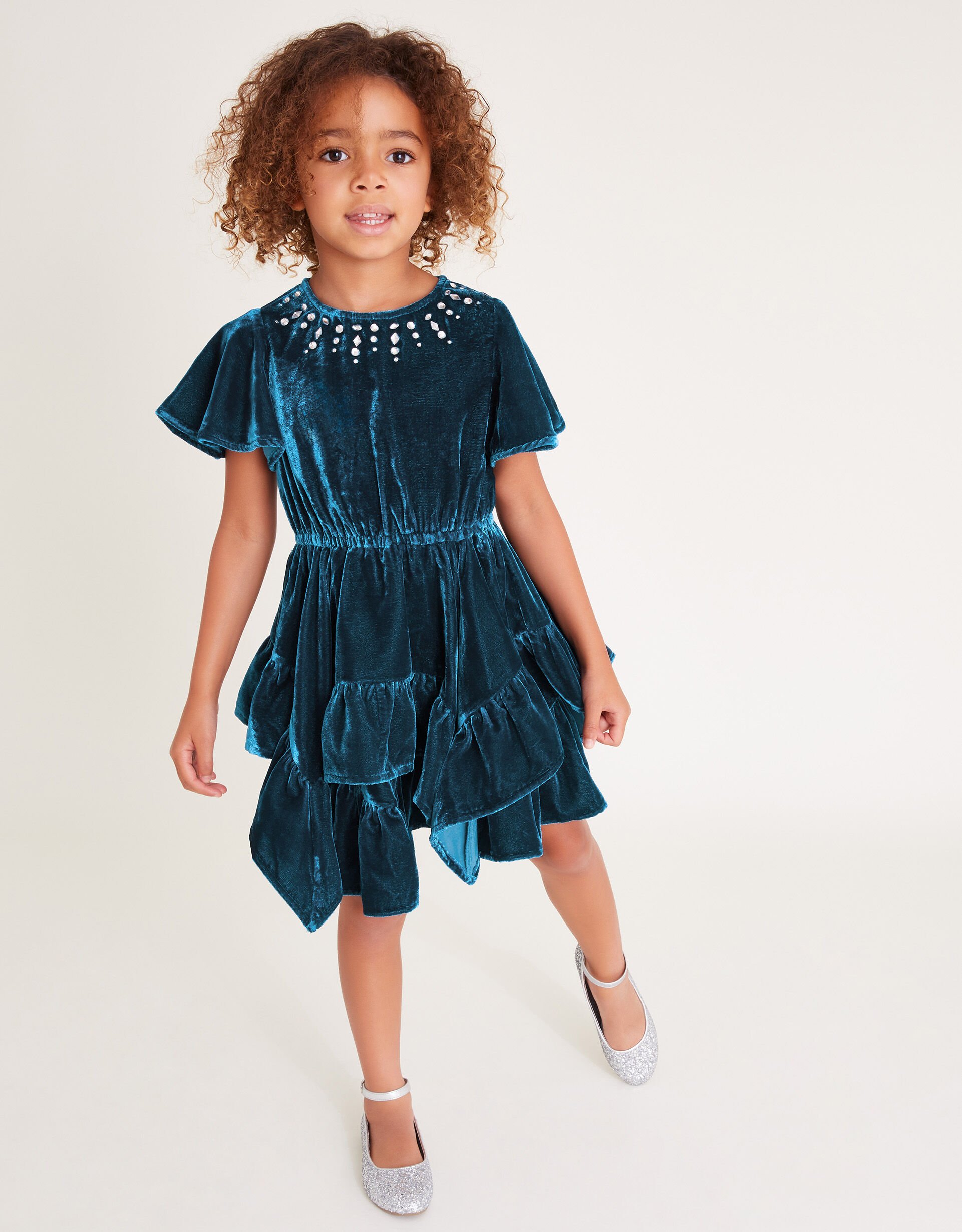 Gemstone Velvet Ruffle Dress Teal