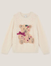 Bear Embellished Fuzzy Jumper, Ivory (IVORY), large