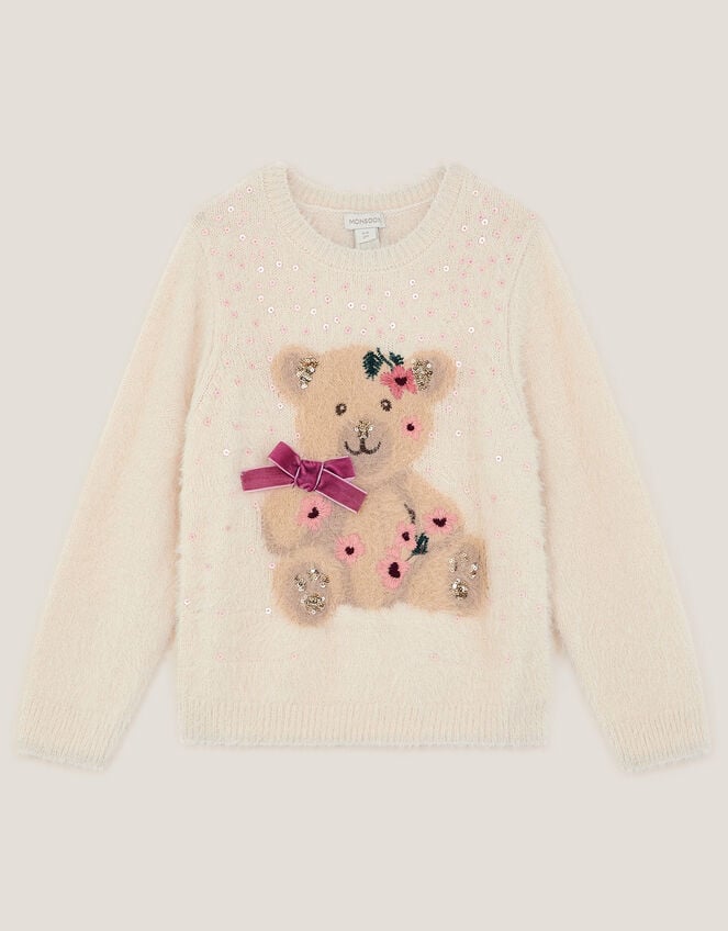 Bear Embellished Fuzzy Jumper, Ivory (IVORY), large