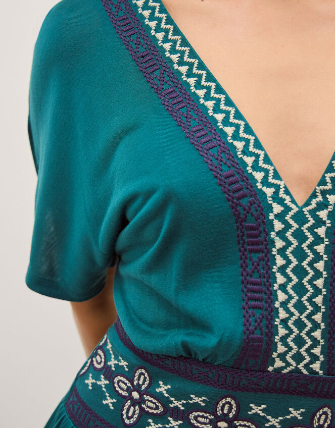 Jacqui Embroidered Jersey Midi Dress, Teal (TEAL), large