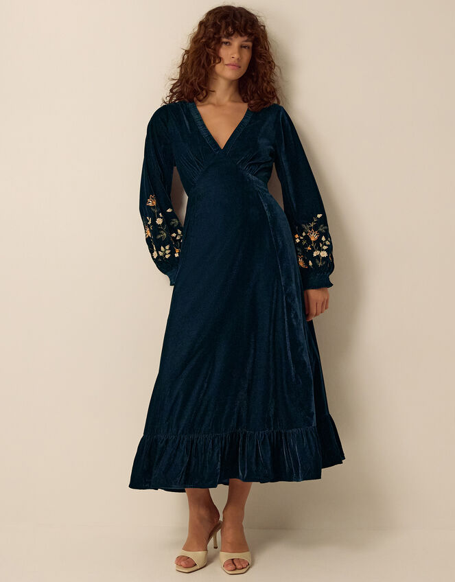 Clemence Constance V-Neck Floral Embroidered Velvet Midi Dress, Teal (TEAL), large