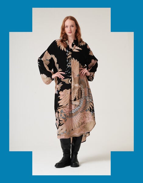 One Hundred Stars Darcy Crane Print Tunic Dress, Black (BLACK), large