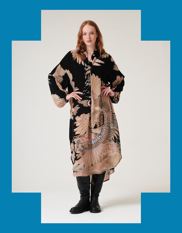 One Hundred Stars Darcy Crane Print Tunic Dress, Black (BLACK), large