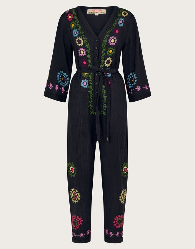 La Galeria Elefante Hand-Embroidered Jumpsuit, Black (BLACK), large
