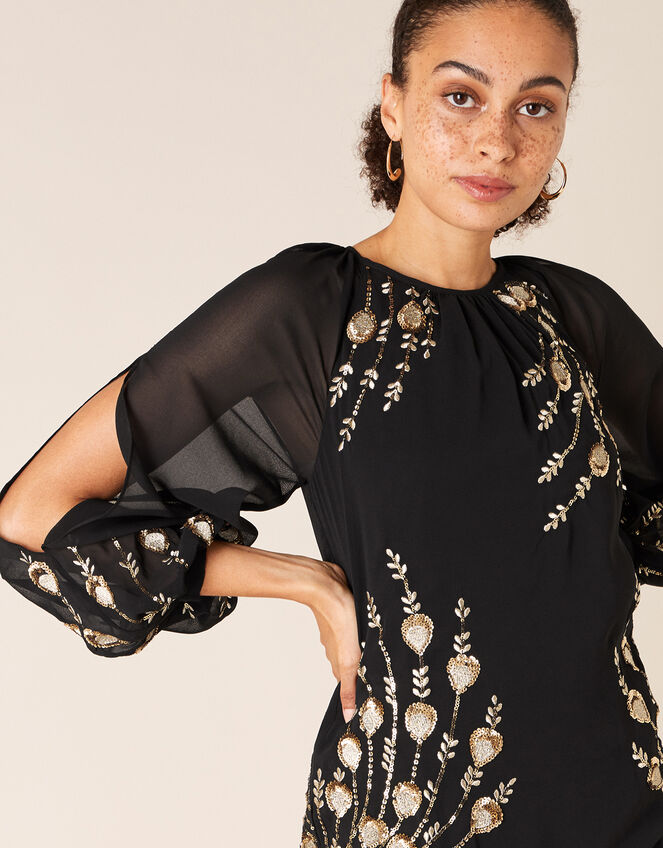 Faye Sequin Feather Tunic Dress, Black (BLACK), large