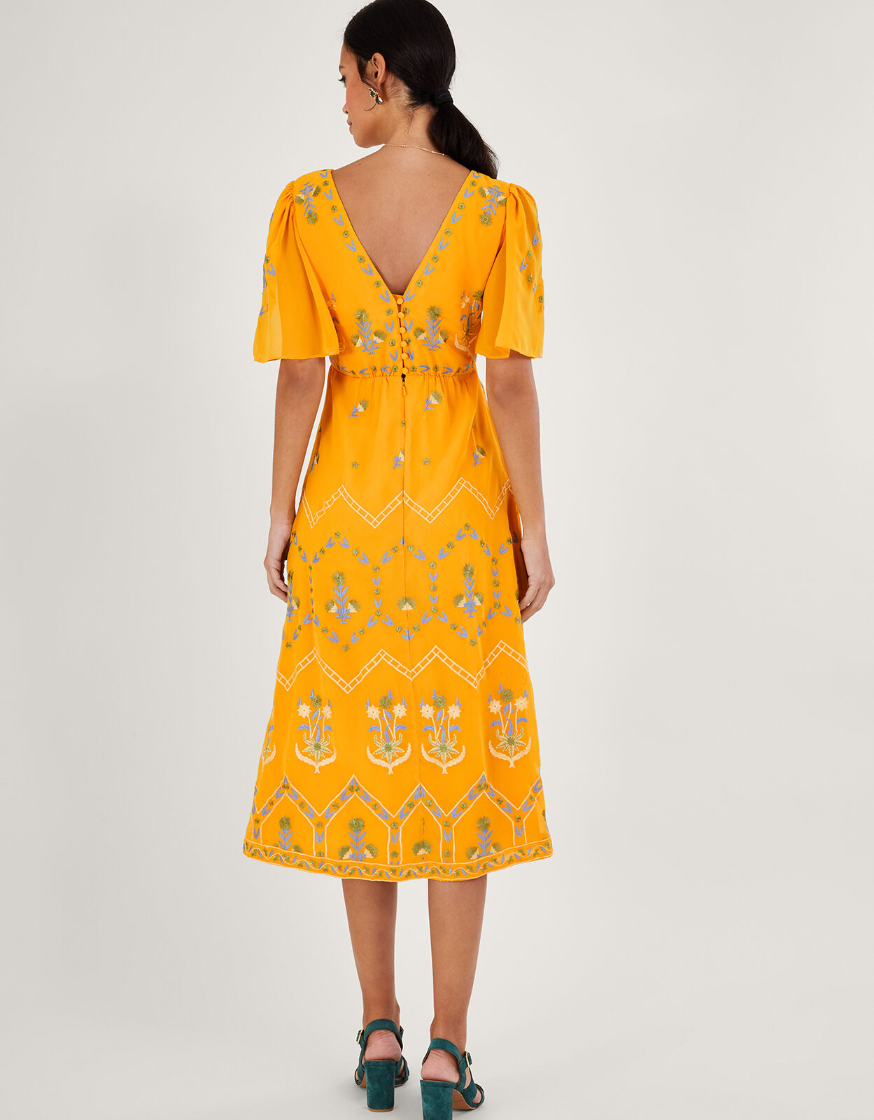 Margo Embroidered Tea Dress in Recycled Polyester Yellow Evening