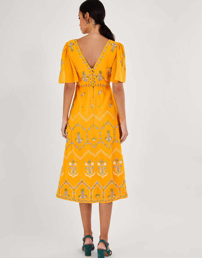 Margo Embroidered Tea Dress in Recycled Polyester, Yellow (YELLOW), large