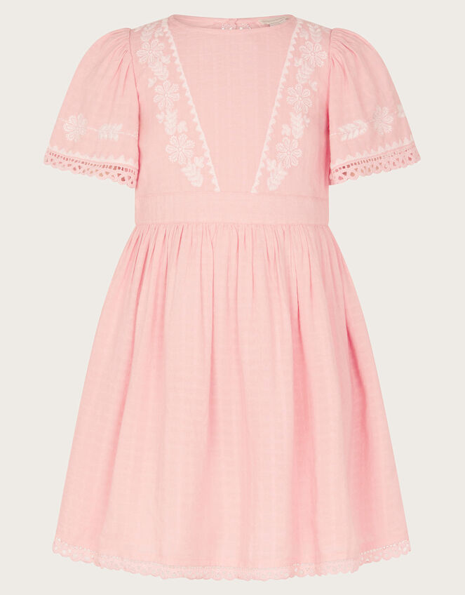 Floral Embroidered Short Sleeve Dress, Pink (PINK), large