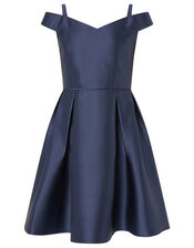 Duchess Twill Bardot Prom Dress, Blue (NAVY), large