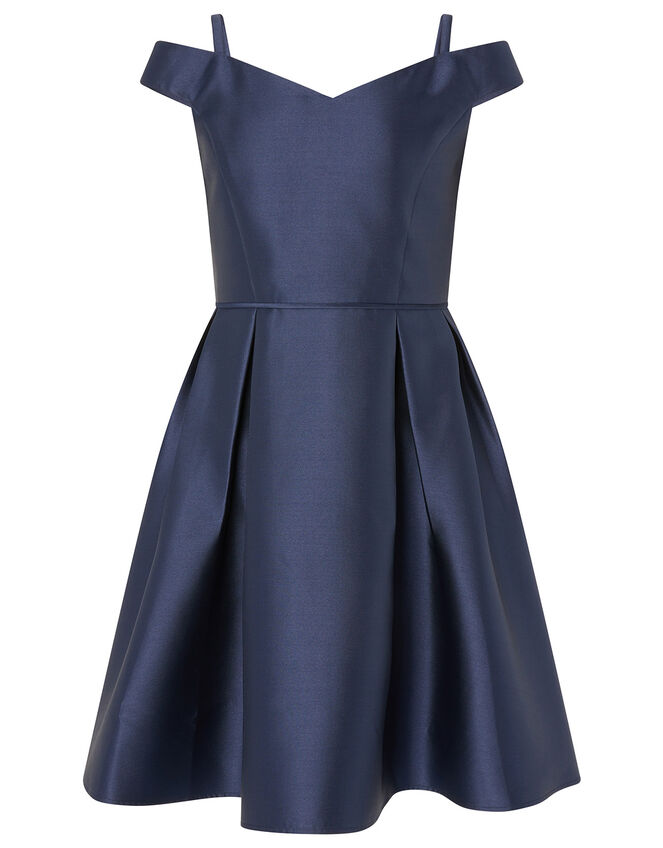 Duchess Twill Bardot Prom Dress, Blue (NAVY), large