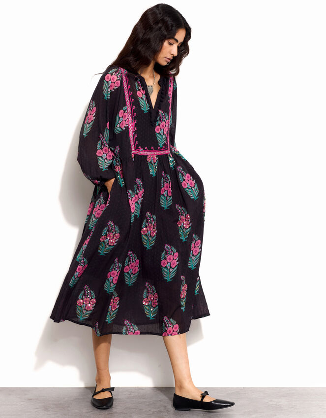 East Logan Long Sleeve Floral Midi Dress, Black (BLACK), large