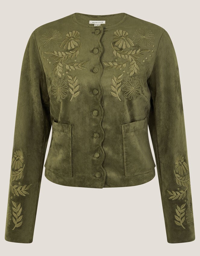 Ari Embroidered Faux Suede Jacket, Green (KHAKI), large