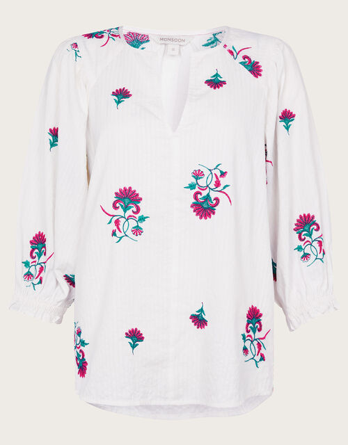 Embroidered Floral Tunic in Sustainable Cotton, White (WHITE), large