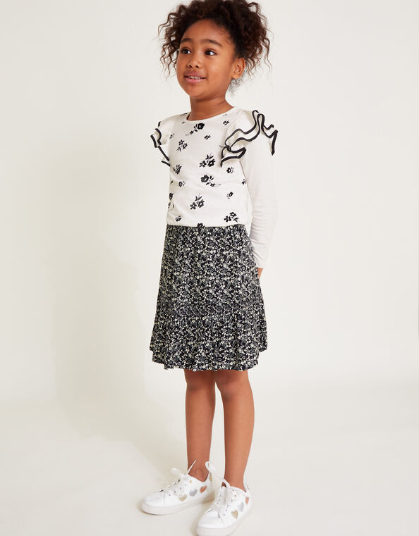 Floral Print Tiered Skirt , Black (BLACK), large