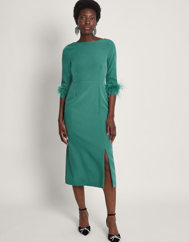 Gwen Feather Cuff Midi Dress, Green (GREEN), large