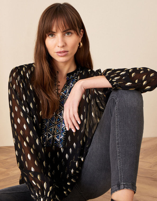Gemma Embroidered Metallic Top, Black (BLACK), large