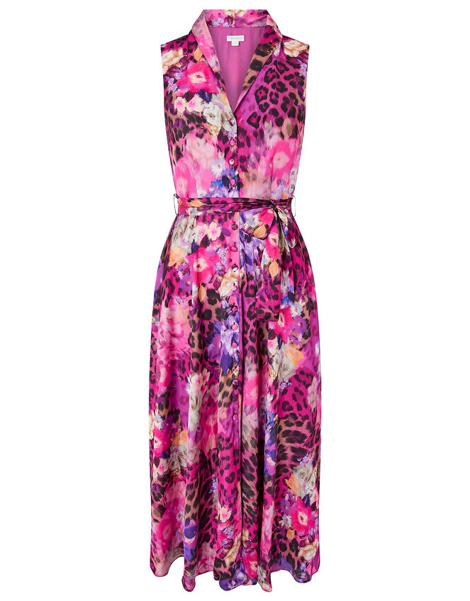 Crystal Animal Sleeveless Satin Dress, Pink (PINK), large
