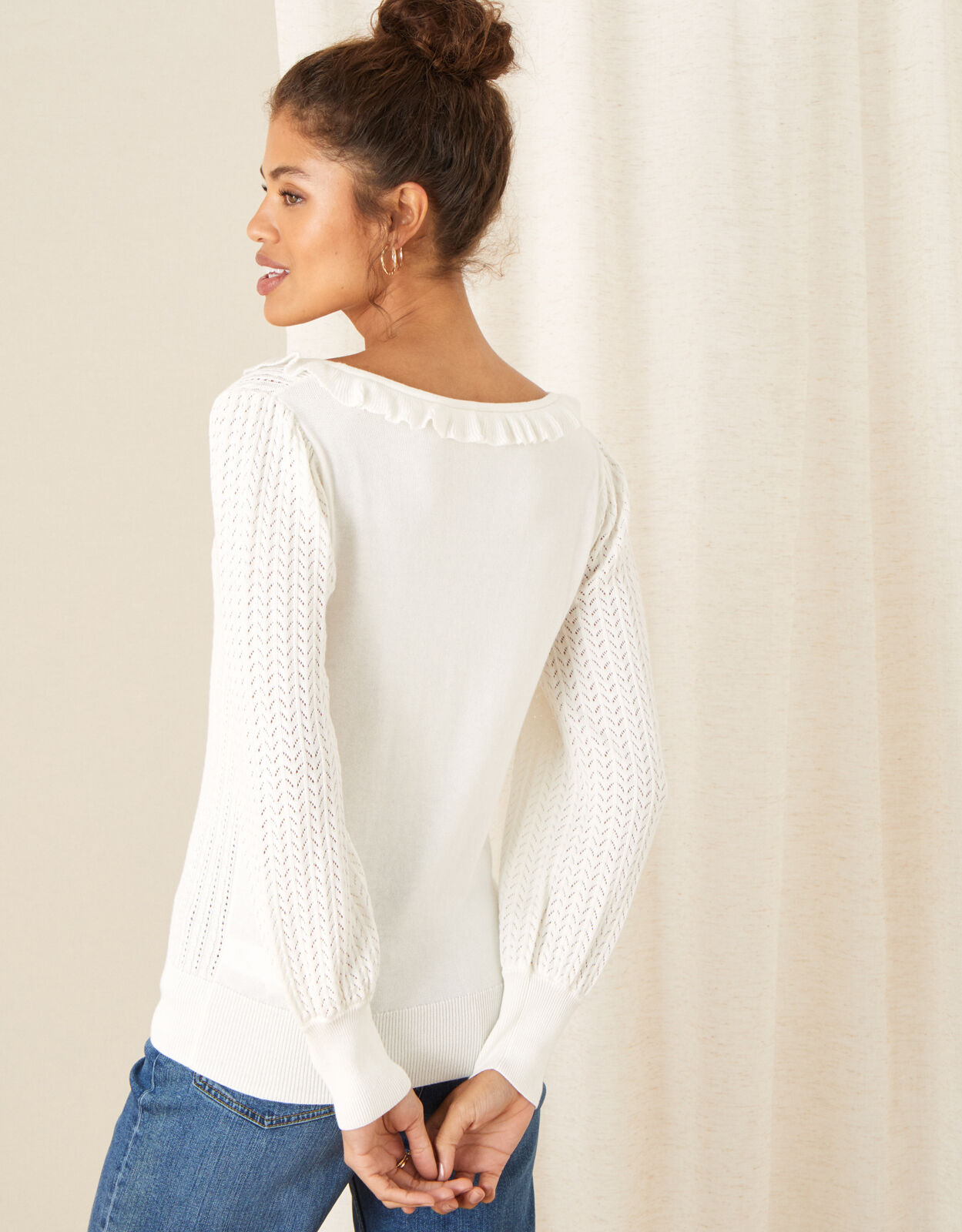 Sandra Ruffle Pointelle Jumper Ivory Jumpers Monsoon Global