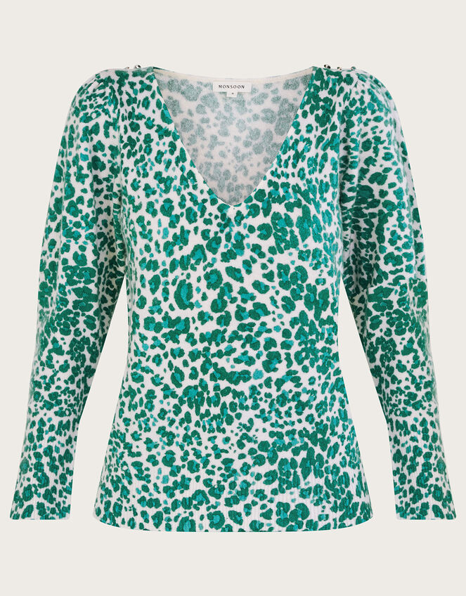Animal Print V-Neck Jumper with Recycled Polyester, Green (GREEN), large