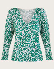Animal Print V-Neck Sweater with Recycled Polyester, Green (GREEN), large