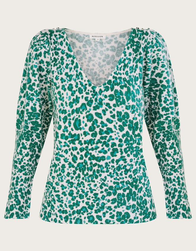 Animal Print V-Neck Sweater with Recycled Polyester, Green (GREEN), large