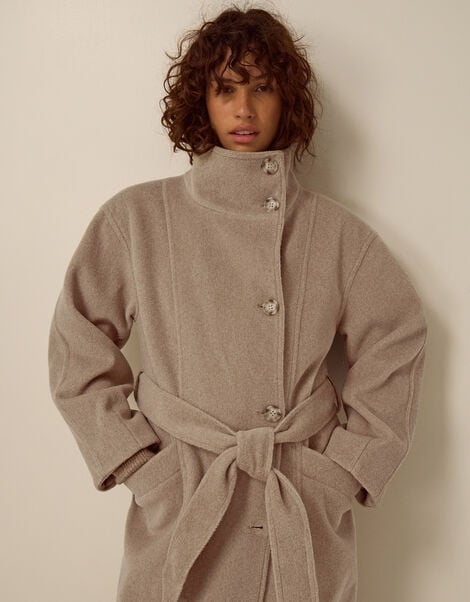 Millie Funnel Neck Belted Coat, Mink (MINK), large