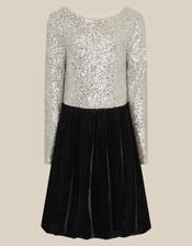 Long Sleeve Sequin Velvet Party Dress, Black (BLACK), large