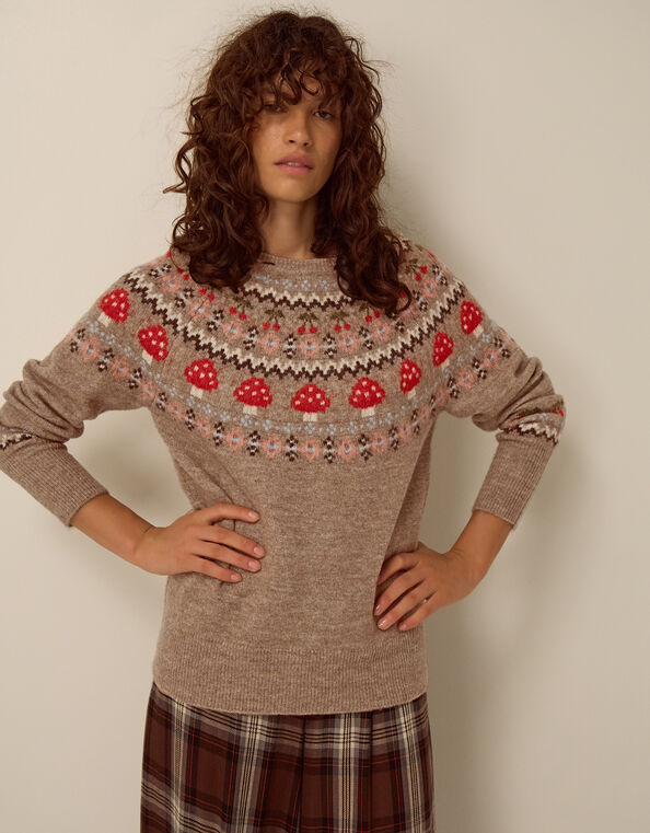 Mia Mushroom Fair Isle Jumper, Mink (MINK), large