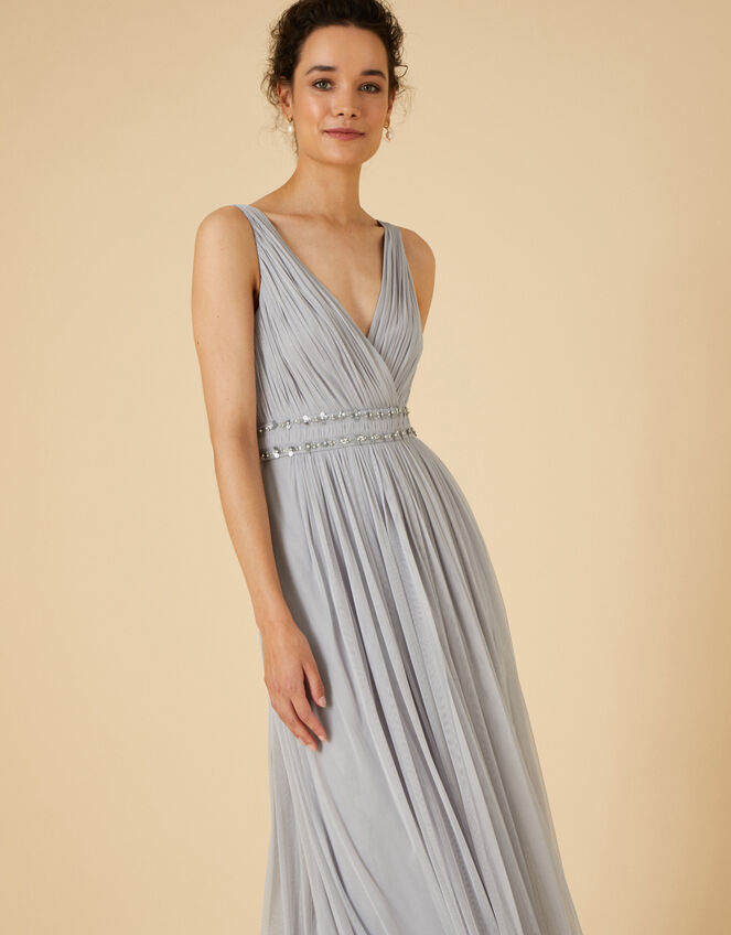 Pleated Embellished Maxi Dress , Silver (SILVER), large