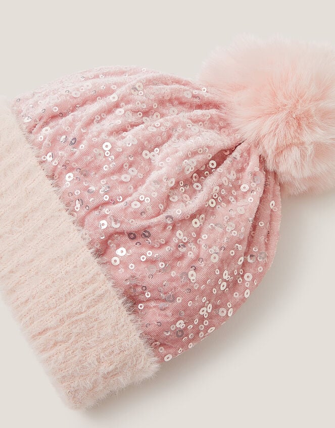 Sequin Pom-Pom Beanie, Pink (PINK), large