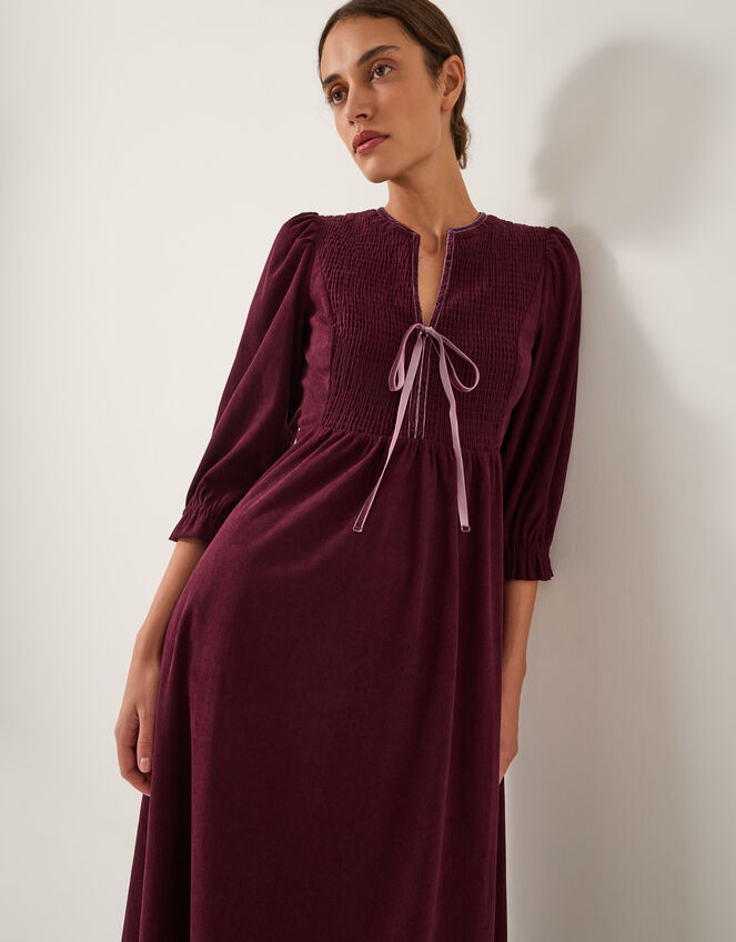 Sara Smocked Corduroy Midi Dress, Red (BERRY), large