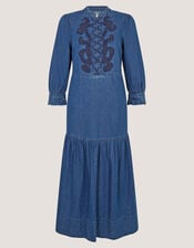 Melissa Embroidered Denim Midi Dress, Blue (MID AUTHENTIC BLUE), large