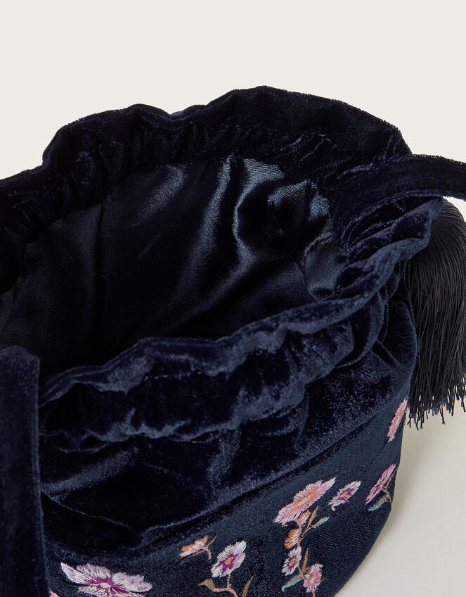 Embroidered Velvet Tassel Bucket Bag, , large