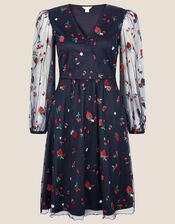 Zariah Strawberry Embroidered Wrap Dress, Blue (NAVY), large